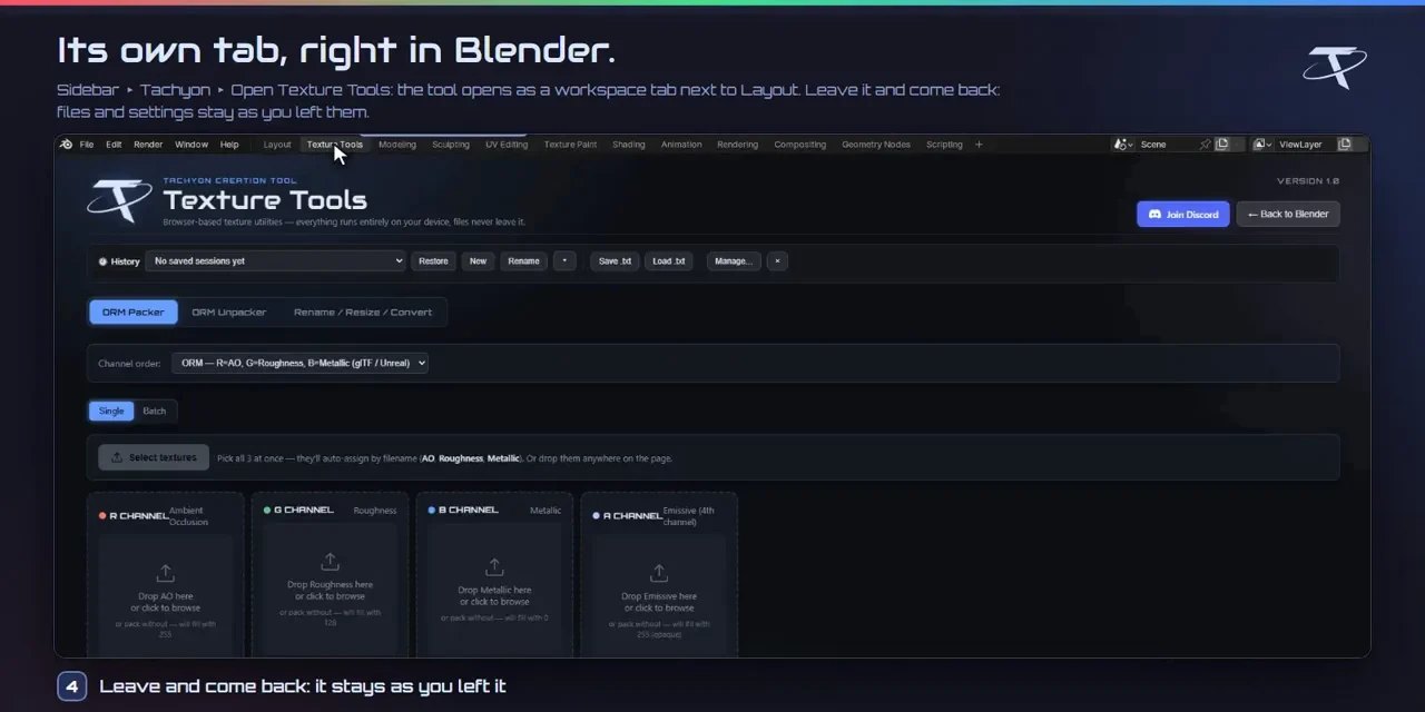 Tachyon Texture Tools open in its own tab inside Blender