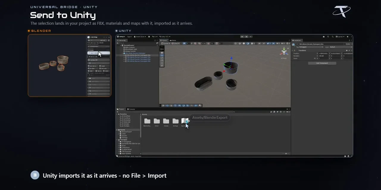 Selected Blender assets sent to a Unity project