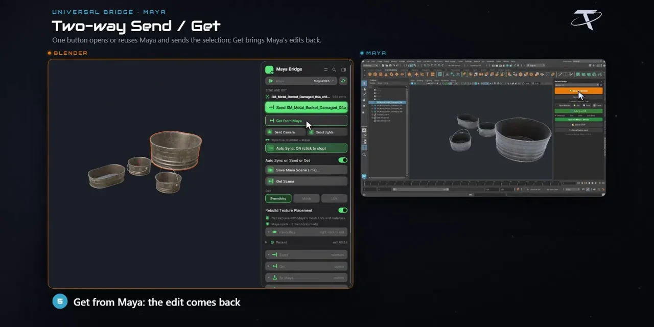 A bucket mesh sent from Blender to Maya, edited there and brought back to Blender