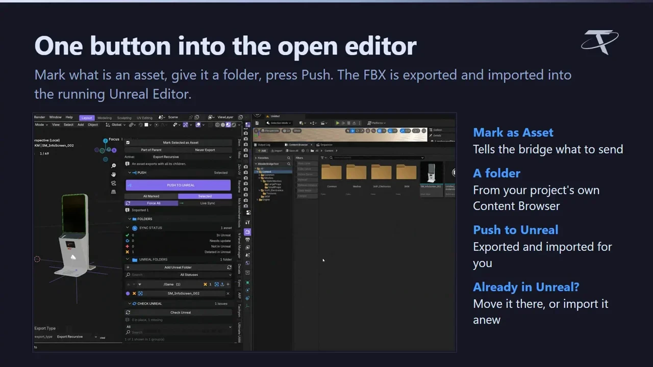 A mesh pushed from Blender into the open Unreal Editor with one button