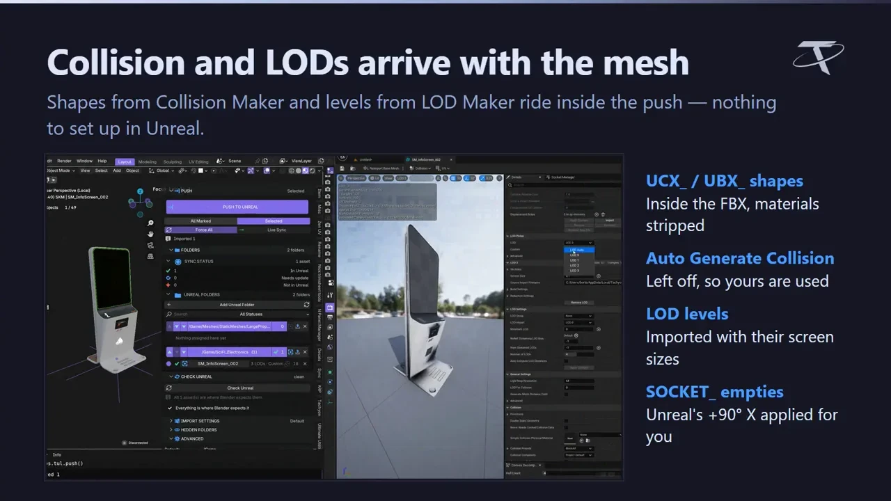 A mesh arriving in Unreal Engine with its collision and LODs already in place