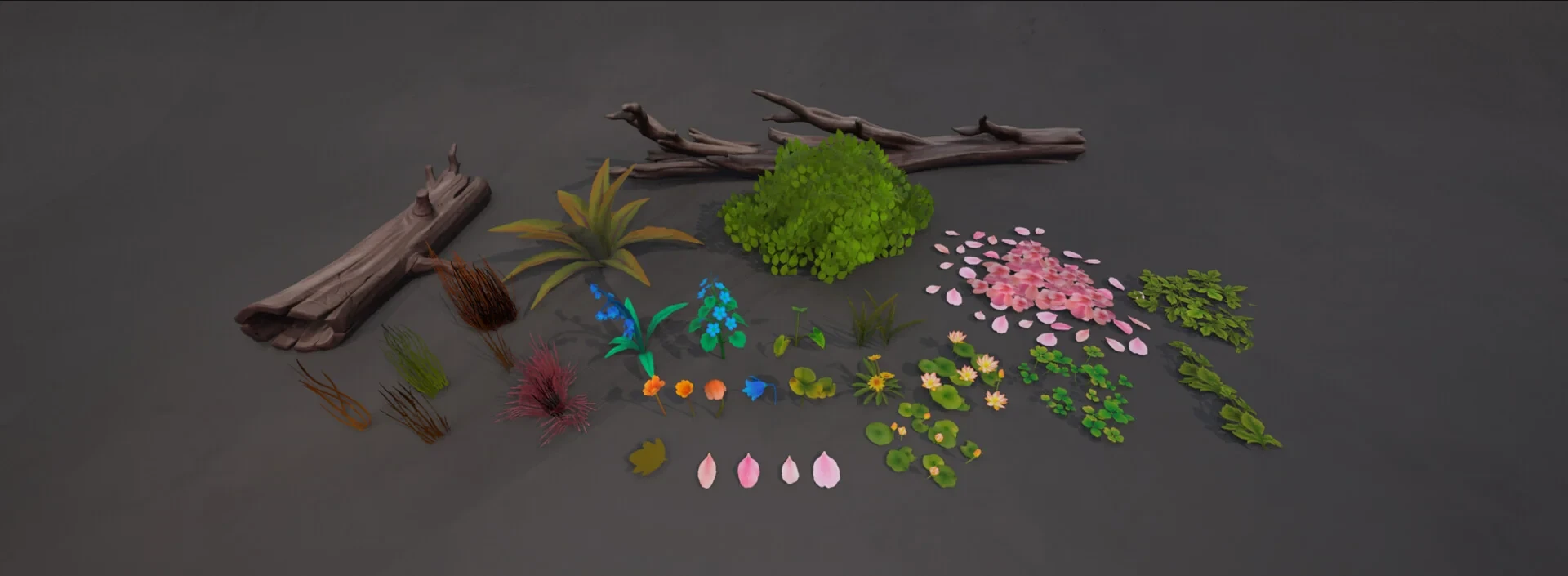 Complete foliage kit with fallen logs, shrubs, grasses, flowers, lily pads, and individual cherry petals