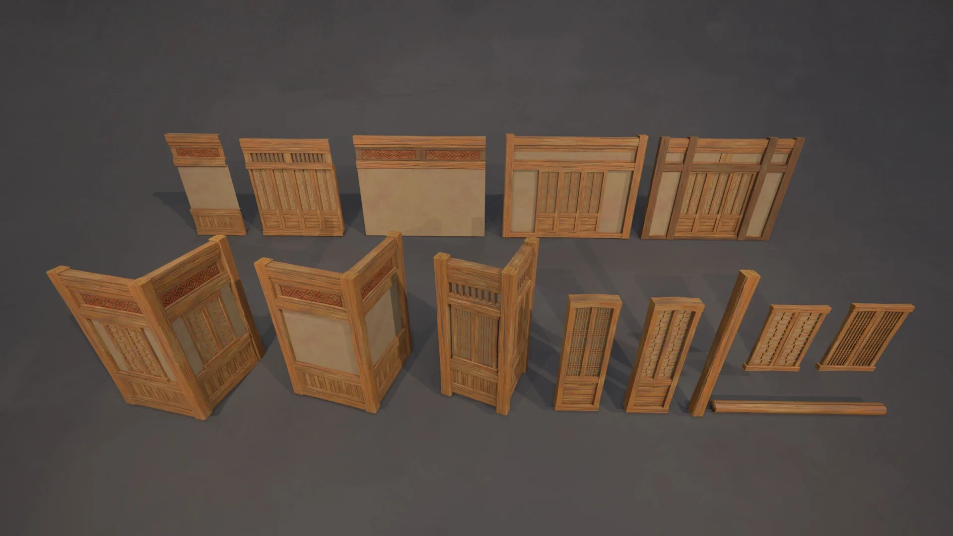 Wooden wall panels, doors, windows, and corner modules arranged as an architectural kit