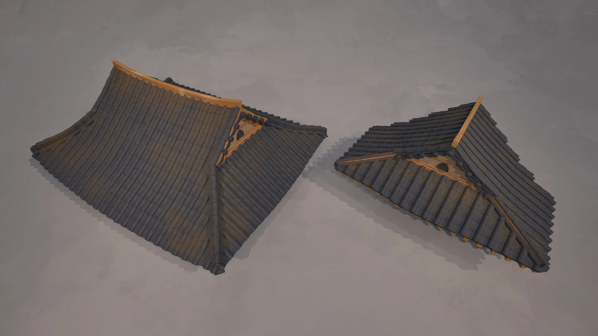 Two curved tiled roof assemblies with wooden trim on a neutral background