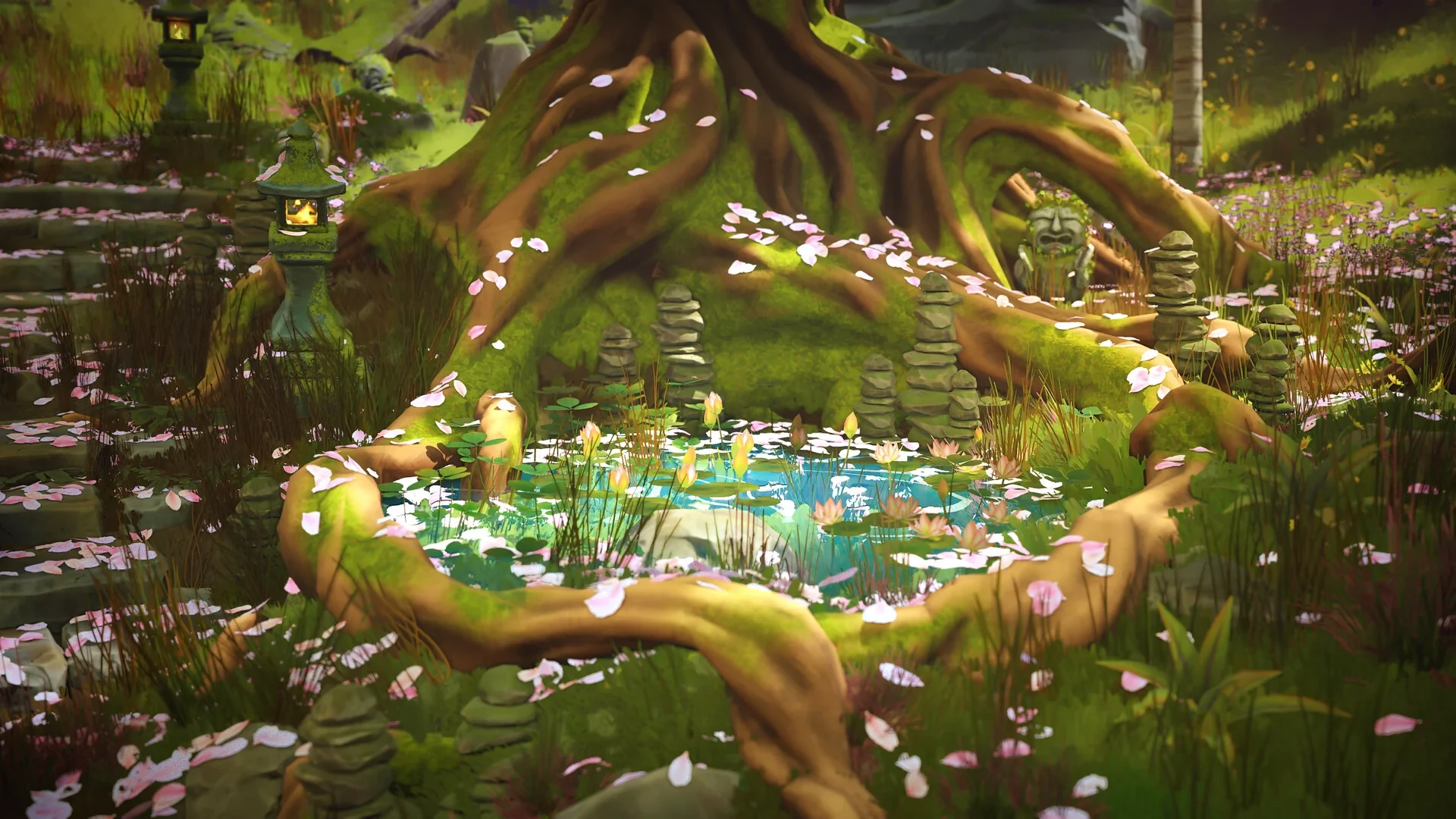 Turquoise pool with lily pads, fallen petals, and stacked stones nestled between mossy tree roots