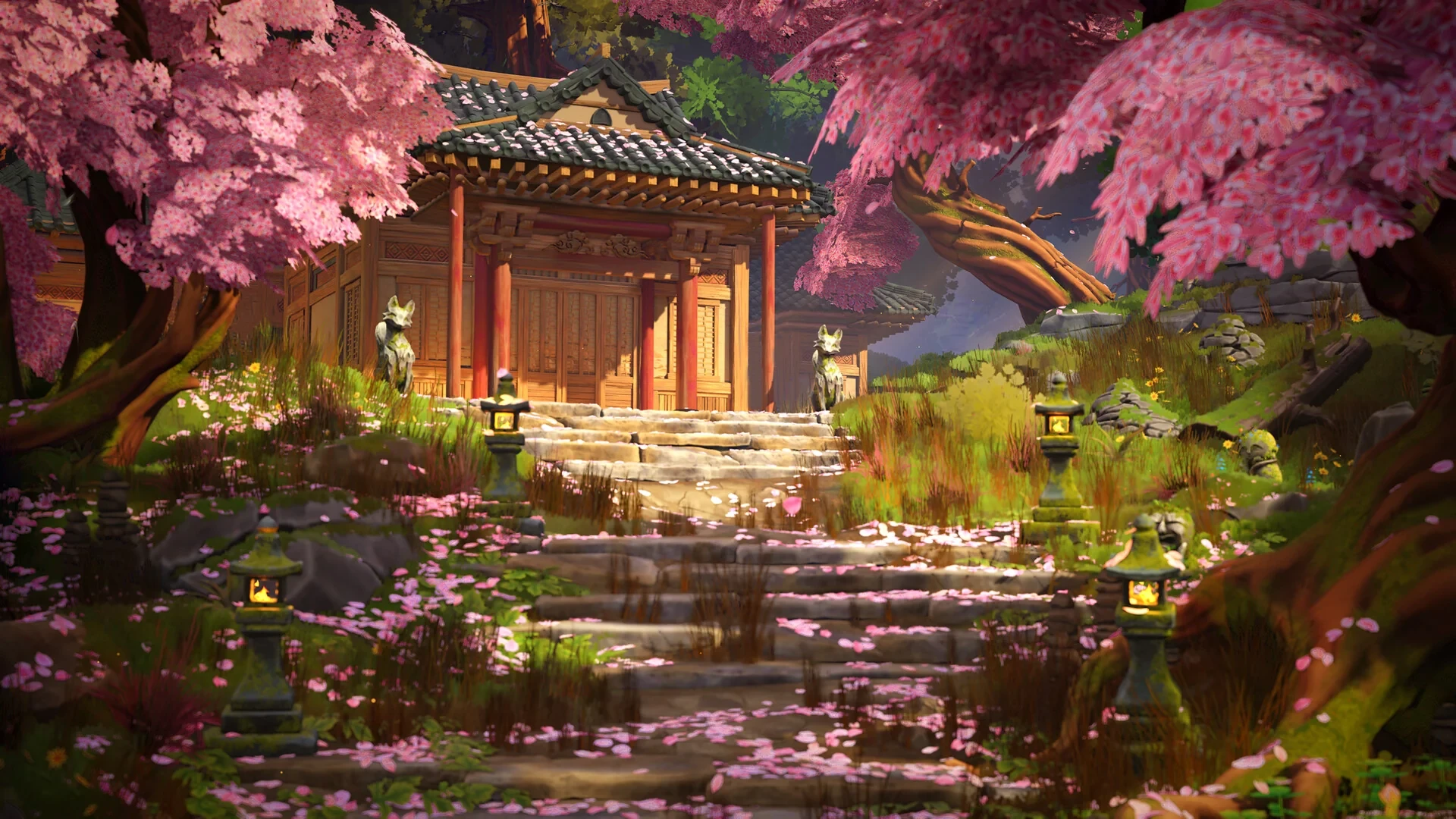 A wooden shrine framed by pink cherry blossoms, stone lanterns and petal-covered steps