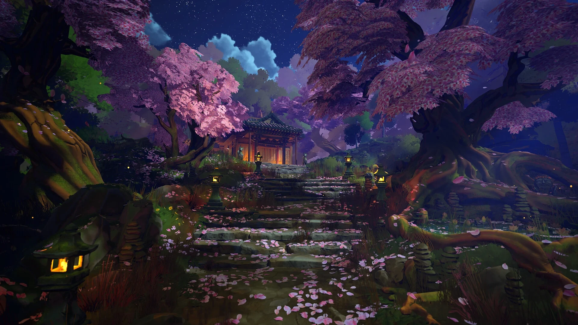 Sakura Shrine at night, with blue forest shadows, pink blossoms, and glowing lanterns