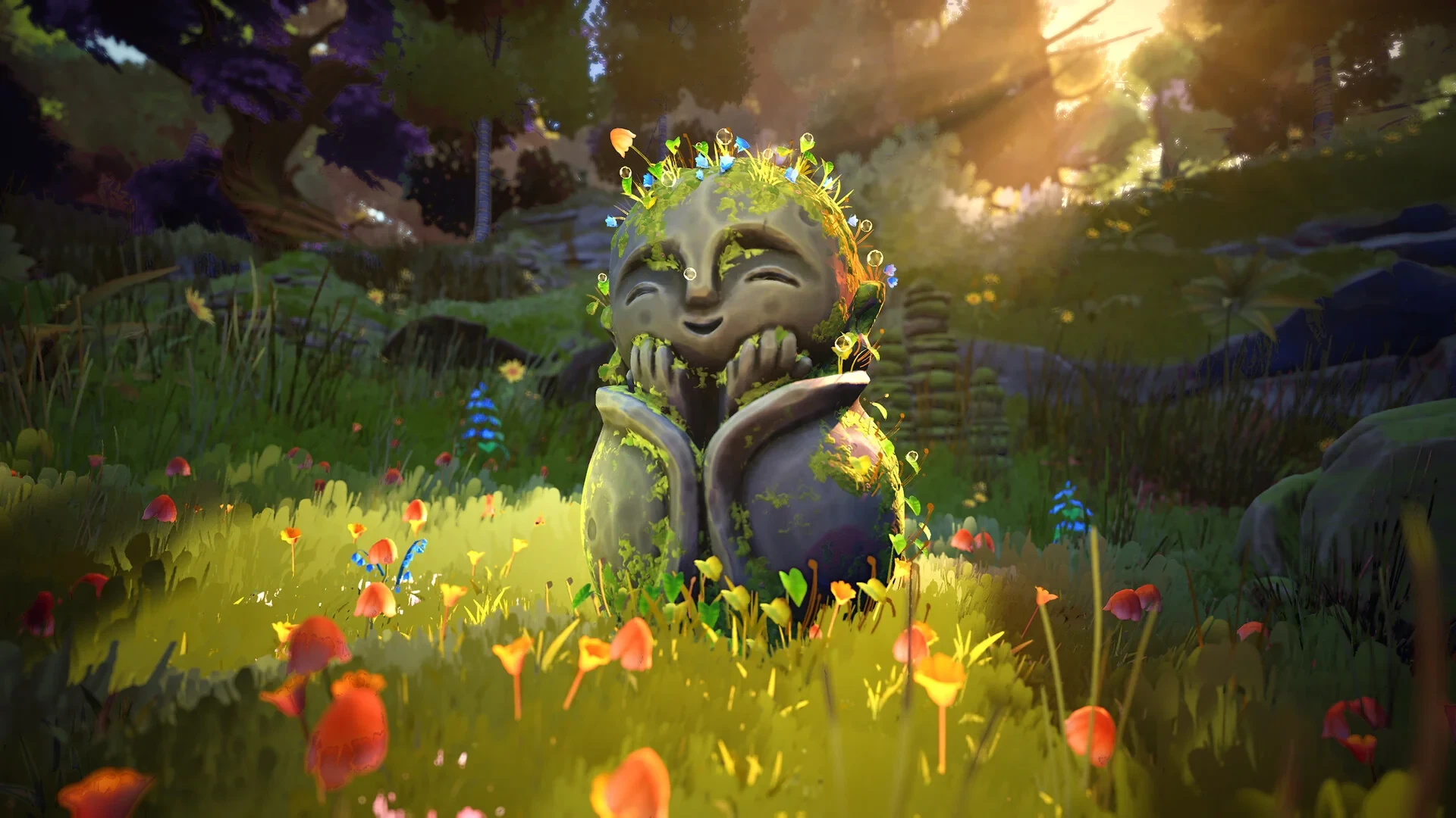 Smiling moss-covered stone spirit with flowers on its head in a sunlit clearing