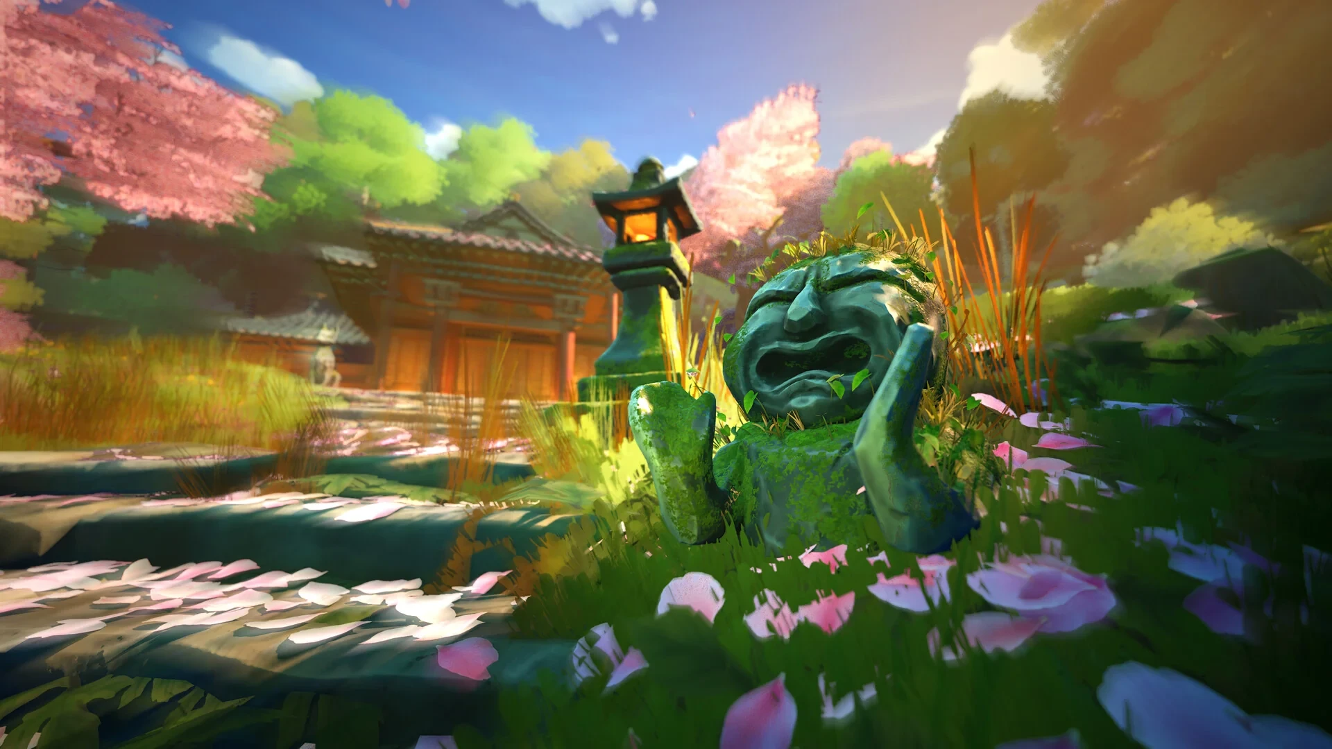 Open-mouthed stone spirit covered in moss beside a lantern, with the shrine in the background