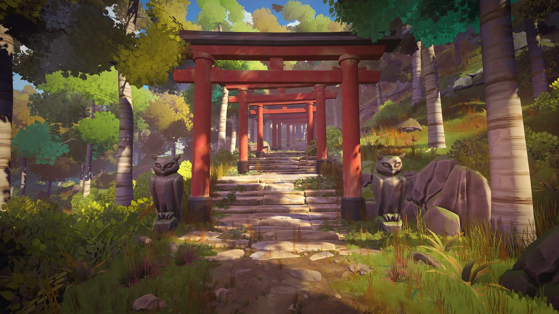Red torii gates and owl statues framing a sunlit forest staircase