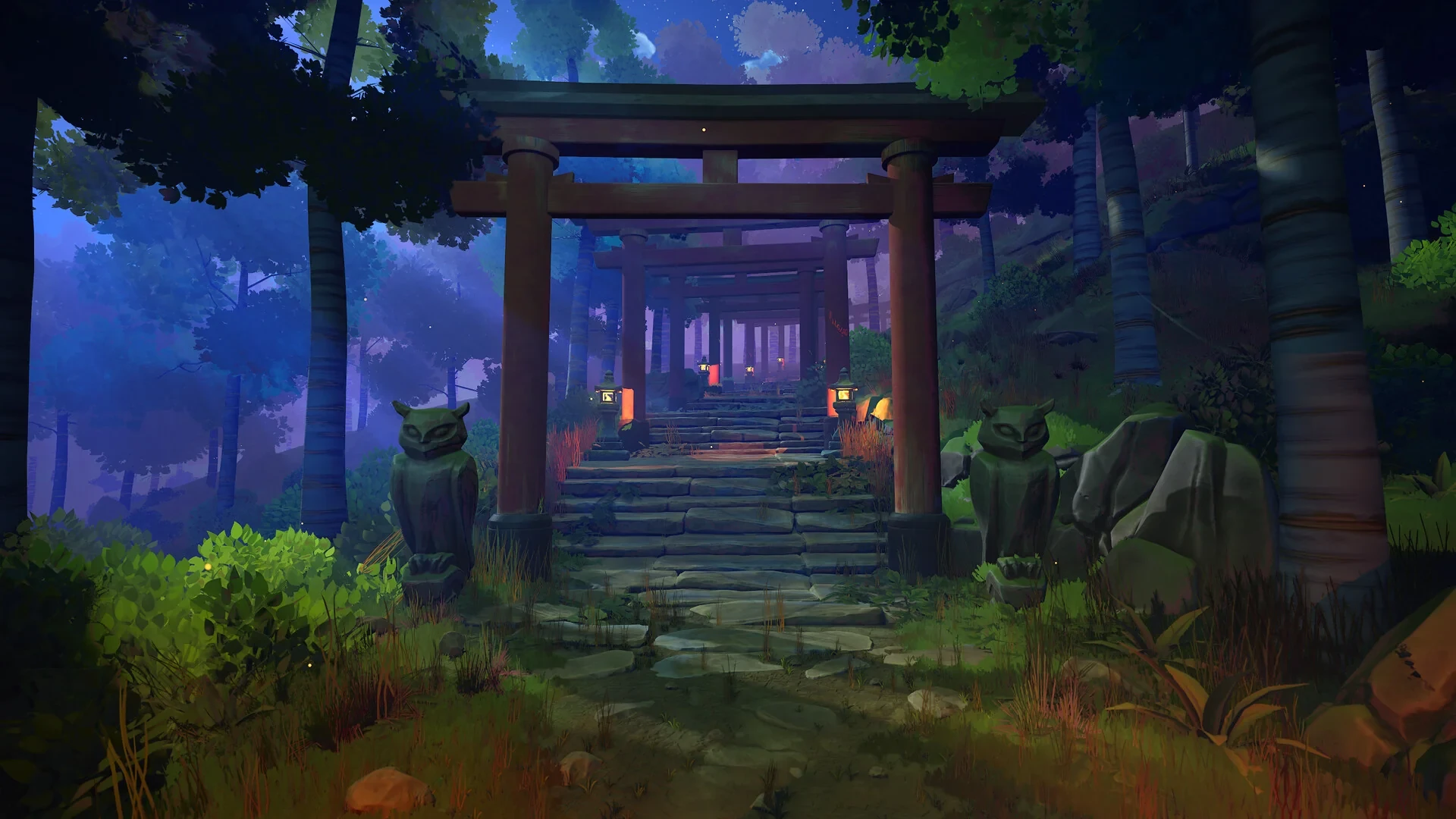 Torii gates and owl statues along a lantern-lit staircase in a blue and purple night forest