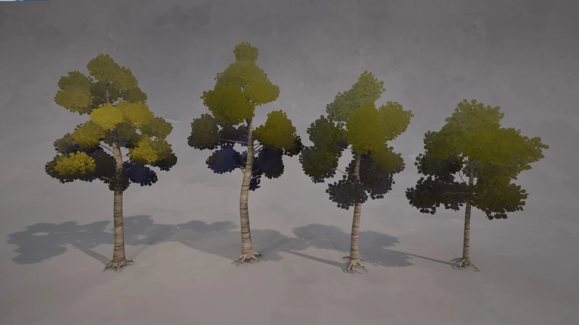 Four stylized tree variants presented together on a neutral background