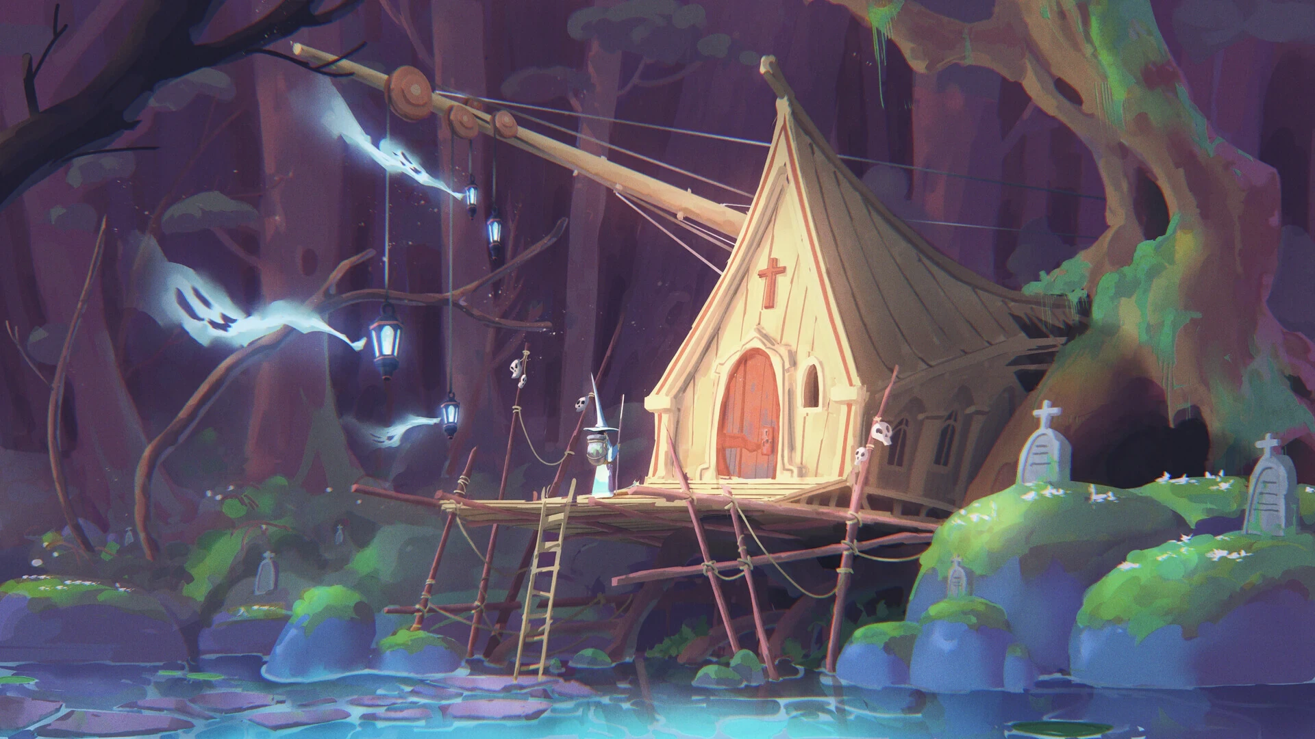 Painted concept of a timber chapel beside a great tree over glowing water, by Florent Boston for Groupe Arcane