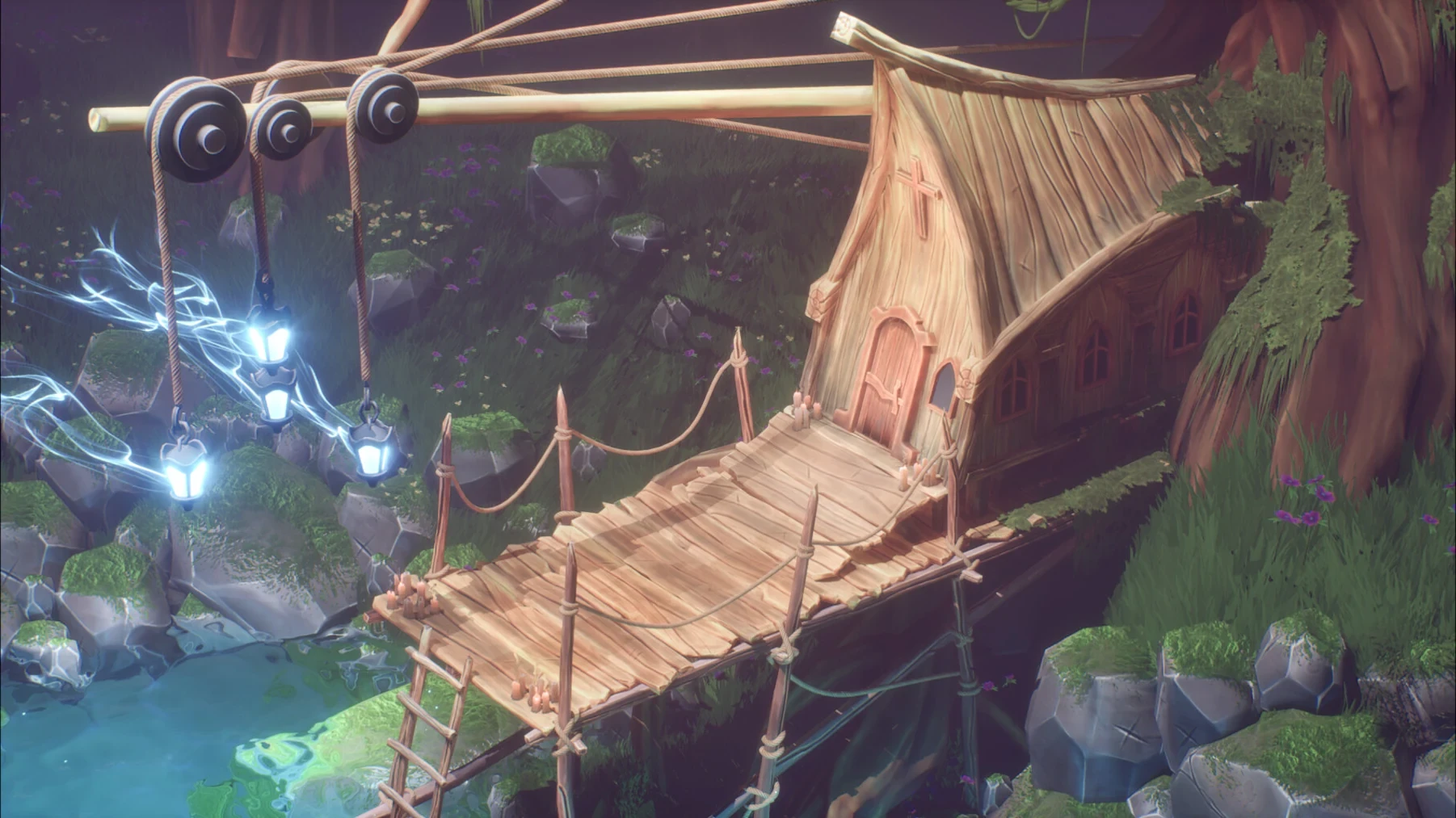 A raised view over the chapel platform, ropes and ladders toward the forest