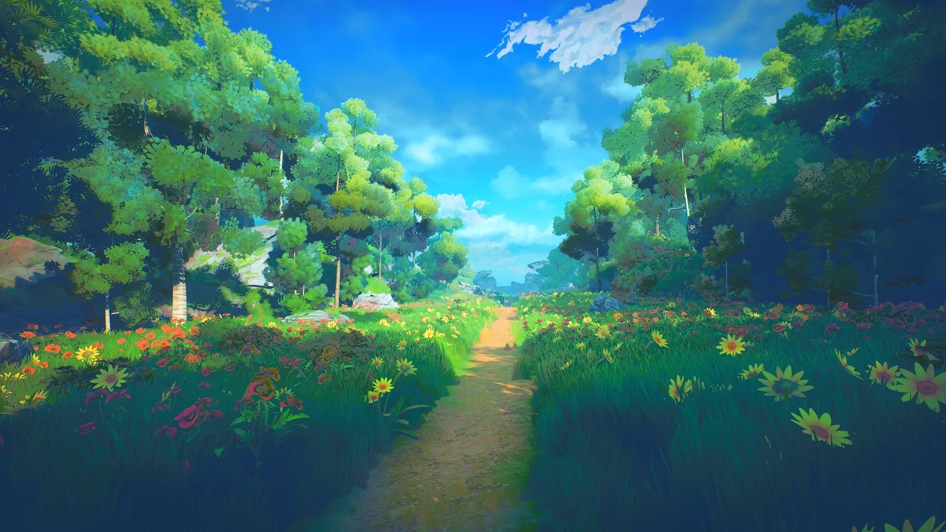 A warm dirt path winding through saturated green woodland toward the cottage